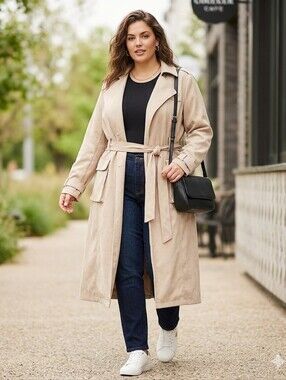 NWT Forever 21+ Plus Size Faux Suede Longline Trench Coat Tan Beige 1X